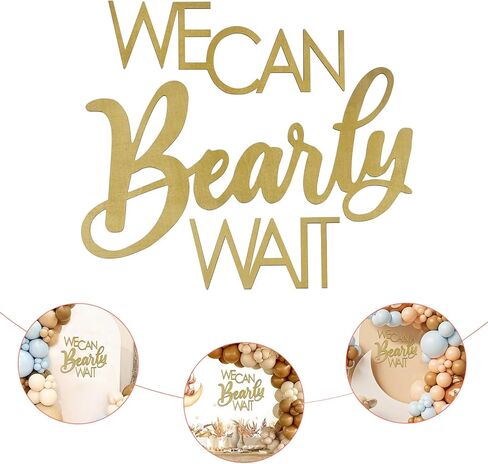 لافتة خشبية من We Can Bearly Wait Sign Gold Teddy Bear لتزيين حمام الطفل، لافتة خشبية لحفلة الكشف عن الجنس (فتاة صبي طفل) in Kuwait