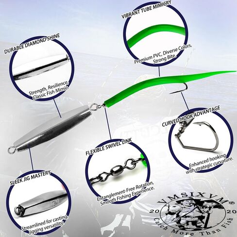 VMSIXVM Diamond Jigs طُعم صيد الأسماك في المياه المالحة، 1-8 أونصة لصيد الأسماك في الأمواج، ملعقة معدنية مسطحة للسقوط مع ذيل أنبوبي، طعم صيد رأسي للمحيط من أجل السمك الأزرق، المخطط، التونة، السلمون in Saudi Arabia