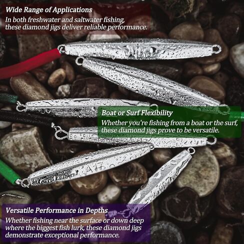 VMSIXVM Diamond Jigs طُعم صيد الأسماك في المياه المالحة، 1-8 أونصة لصيد الأسماك في الأمواج، ملعقة معدنية مسطحة للسقوط مع ذيل أنبوبي، طعم صيد رأسي للمحيط من أجل السمك الأزرق، المخطط، التونة، السلمون in Saudi Arabia