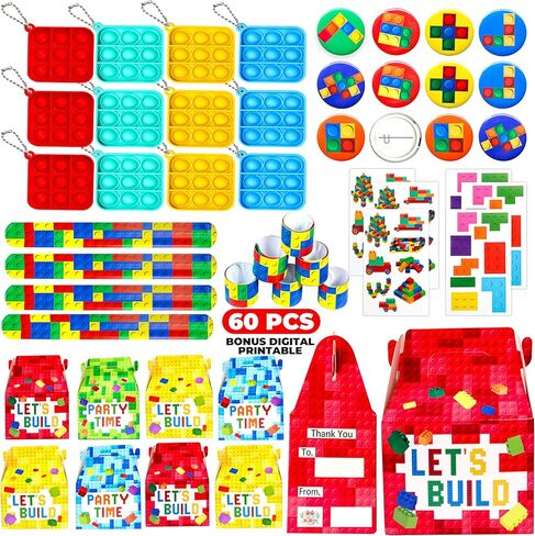 Empire Party Supply 60 Pcs Building Blocks Party Favors For Kids, Set Of 12 Brick Style Keychain Wristband Treat Box Stickers for Building Blocks Birthday Party Supplies in Kuwait