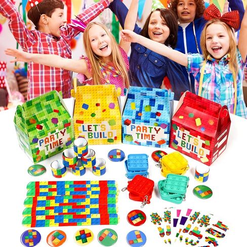 Empire Party Supply 60 Pcs Building Blocks Party Favors For Kids, Set Of 12 Brick Style Keychain Wristband Treat Box Stickers for Building Blocks Birthday Party Supplies in Kuwait