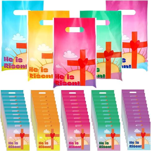 100 قطعة من Panelee، أكياس هدايا عيد الفصح He Is Risen، حقائب هدايا بلاستيكية مسيحية مع مقابض، حقائب حلوى عيد الفصح الدينية، حقائب حلوى عيد الفصح للأطفال، لوازم حفلات عيد الفصح in Saudi Arabia