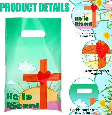 100 قطعة من Panelee، أكياس هدايا عيد الفصح He Is Risen، حقائب هدايا بلاستيكية مسيحية مع مقابض، حقائب حلوى عيد الفصح الدينية، حقائب حلوى عيد الفصح للأطفال، لوازم حفلات عيد الفصح in Saudi Arabia