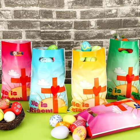 100 قطعة من Panelee، أكياس هدايا عيد الفصح He Is Risen، حقائب هدايا بلاستيكية مسيحية مع مقابض، حقائب حلوى عيد الفصح الدينية، حقائب حلوى عيد الفصح للأطفال، لوازم حفلات عيد الفصح in Saudi Arabia