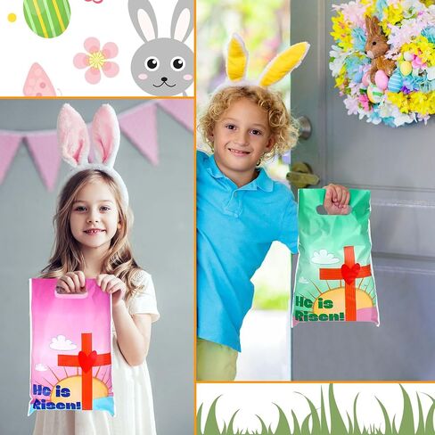 100 قطعة من Panelee، أكياس هدايا عيد الفصح He Is Risen، حقائب هدايا بلاستيكية مسيحية مع مقابض، حقائب حلوى عيد الفصح الدينية، حقائب حلوى عيد الفصح للأطفال، لوازم حفلات عيد الفصح in Saudi Arabia