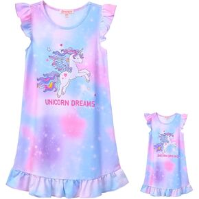 QPANCY Matching Doll & Girls Nightgowns Princess Nightdress Flutter Sleeve Sleepwear Pajamas for Girls and 18" Dolls Clothes