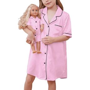 QPANCY Matching Girls & Doll Satin Nightgowns Short Sleeve Button Down Nightshirt Pajama Silk Night Dresses Loungewear
