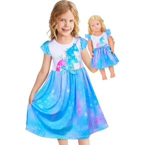 Sylfairy Doll and Girl Matching Nightgown Unicorn Outfit Princess Pajamas Night Dress for Girls and 18" Dolls Clothes
