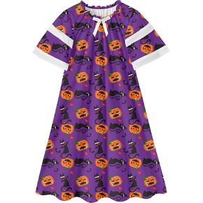 UNIFACO Girls Nightgowns Lace Short Sleeve Pajamas Dress Soft Sleepwear for Kids 5-12 Years