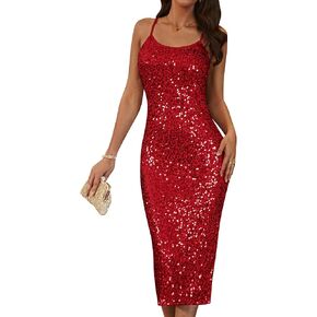 GRACE KARIN Womens Sequin Sparkly Dresses Formal Spaghetti Strap Midi Bodycon Dress Glitter Backless Wedding Cami Dress Slit