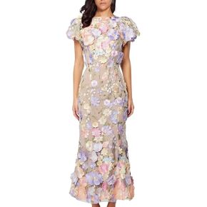 Women's 3D Floral Embroidery Dress Ruffle Sleeve Fishtail Lace Bodycon Party Cocktail Mixi Dress