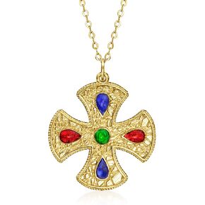 Ross-Simons Italian Multicolored Enamel Cross Necklace in 14kt Yellow Gold. 18 inches