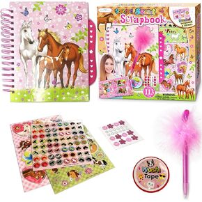 Horse Scrapbook Kit for Girls | Equestrian DIY Scrapbooking Kit for Little Girl and Tween Gifts | 114 Piece Scrapbook and Stationary Supplies Kit with Stickers, Jewels, Washi Tape, and Passcode Lock