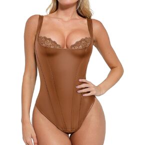 Popilush Leather Corset Tops for Women - Lace Shapewear Bodysuits Tummy Control Faux Leather Thong Body Suits