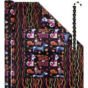 LaRibbons يوم الموتى لفة ورق التغليف القابلة للعكس مع بوم بوم الأرجواني، 17 بوصة × 33 قدم (47sq.ft.ttl.) ورق تغليف هدايا الجمجمة لـ Dia De Los Muertos، ديكور الهالوين، حفلة العيد المكسيكية in Kuwait