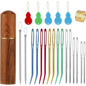 23pcs Large Eye Sewing Needle Set, Sewing Accessories with Hand Sewing Knitting Yarn Needle Big Eye Embroidery Curved Small Thimble Needle Threader Narrow Copper Kit Threading Tool for Beaded Crochet