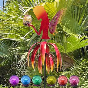 55'' Large Outdoor Metal Wind Spinners, Fairy Multi-Color Solar LED Ball for Patio Park Sidewalk Backyard Lawn Decor (Blue)