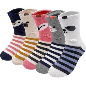 Hellomamma Girls Toddler Cotton Crew Socks Kids Novelty Animal Soft Funny Fashion Casual Breathable Childs Socks 5 Pairs