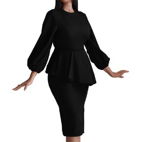 Runwind Plus Size Dresses for Curvy Women Midi Church Wear to Work Bodycon Vintage Peplum Dress Long Sleeve Crewneck