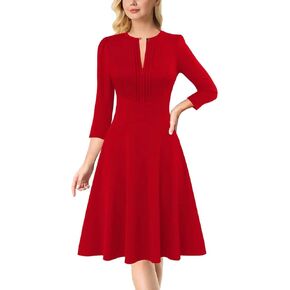 VFSHOW Womens Pleated Crew Neck Front Zipper Work Office Business A-line Slim Fit and Flare Dress
