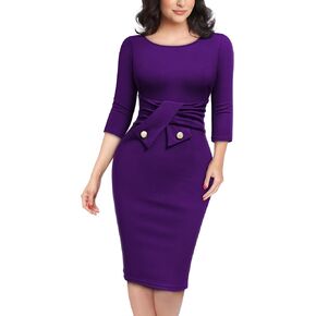 AISIZE Women's 1940s Retro 3/4 Sleeve Tie Waist Business Work Pencil Dress in Kuwait
