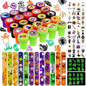 Garma 25Pcs Halloween Assorted Stamps with 12Pcs Slap Bracelets and 288Pcs Tattoos, Halloween Party Favors Toys for Kids Halloween Goodie Bag Fillers Classroom Prize Non Candy Party Supplies