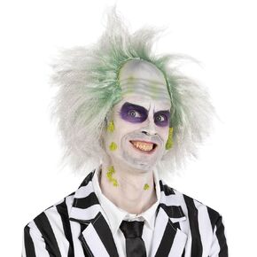 Morph Beetle Wig White Hair Wig Frizzy Look with Green Roots and Bald Cap, Halloween Wig for Men Women