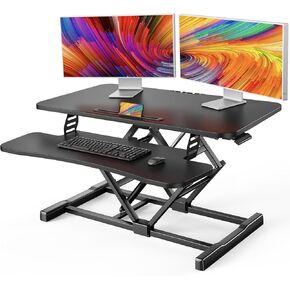 HUANUO Standing Desk Converter, 32" Sit to Stand Desk with Keyboard Tray, Height Adjustable Stand Up Desk Riser for Home Office, Dual Monitor and Laptop Workstation, Black