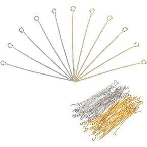 MECCANIXITY 200Pcs Gold White Iron Eye Pins 40mm 21 Gauge/0.7mm Eye Pins for Jewelry Making Findings DIY Craft Necklaces Bracelets Earrings Head Pins