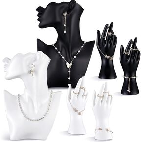 Yalikop 6 Pack Resin Jewelry Mannequin Display Set 2 Necklace Earring Display Stand and 4 Female Mannequin Hand Ring Bracelet Holder Bust Organizer Black White for Shows Selling Home Decor