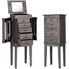 Standing Jewelry Armoire Cabinet w/Top Flip Mirror, 5 Drawers, 2 Doors, 8 Necklace Hooks, Jewelry Storage Chest Organizer for Earrings Necklaces Bracelets, Make Up, Girls Women Gift (Gray)
