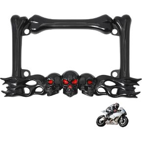 FTON Heavy-Duty Skull Motorcycle License Plate Frame, Zinc Alloy Chrome, Red Reflective Eyes, Fits 7"x4" Standard Plates, Compatible with Harley,Cruiser, Dual-Sport, Sport, Street Motorcycles(Black)