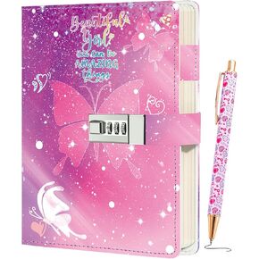 Butterfly Diary with Lock for girls, diary for girls ages 8-12, kids Leather journals for girls, princess diaries journal with lock, Birthday Christmas Gifts for daughter granddaughter niece