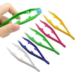 Haikole Plastic Tweezers, 5Pcs Plastic Tweezers for Kids,Craft Tweezers for DIY Craft Jewelry Making Family School Beading Project (A-White, Pink, Blue, Yellow, Green)