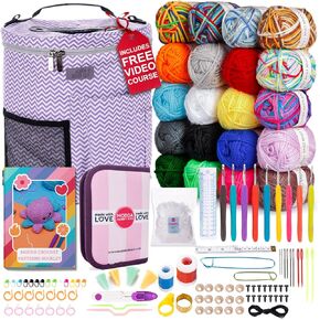 MODDA Crochet Kit for Beginners with Video Course, Includes 20 Color of Yarns, Needles, Hooks, Accessories Kit, Canvas Tote Bag, Crochet Starter Kit for Women, Adults, Kids, Knitting Kit