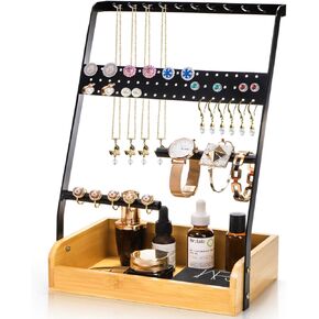 Jewelry Organizer Stand, 10 Hooks Necklace Holder with Wooden Tray, 5 Tier Earring Display Rack, Bracelet Hanger, Perfume Storage Base, Jewelry Tower for Studs, Watches, Bangles, Chains