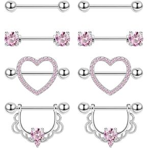 4Pairs 14G G23 Titanium Nipple Rings for Women Heart Flower CZ Barbell Nipplerings Hypoallergenic Cute Nipple Piercing Jewelry