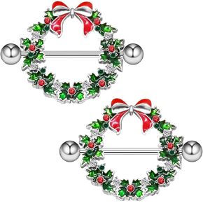 14G Christmas Nipple Barbells Christmas Garland Nipple Ring 316L Surgical Stainless Steel Women Nipple Rings Christmas small bell Body Piercing Jewelry
