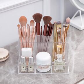 Yesesion Clear Makeup Organizer for Vanity, Cosmetics Storage Box with 6 Compartments for Beauty Products, Lipsticks, Eyeliners, Eyebrow Pencils in Vanity, Dresser, Bathroom Countertop, Brush Holder