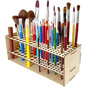 Wooden Paint Brush Holder 105 Holes Paintbrush Holder Organizer Paint Brush Stand Rack with Silicone Rings - Wood Paint Brush Holder for Pens Pencils Artist