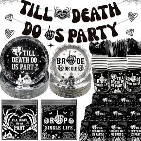 Bride or Die Bachelorette Party Decorations 188Pcs Halloween Bachelorette Party Decorations Til Death Do Us Part Decor Bride or Die Plates and Napkins for Bachelorette Skull Party Decorations