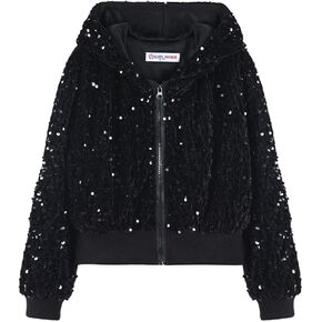 WELAKEN Girls Sequin Jacket for Kids Glitter Long Sleeve Zipper Cropped Bomber Jacket