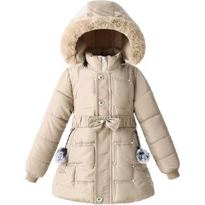 Girls Winter Dress Coats Faux Fur Hooded Fleece Jackets Waterproof Parka Outwear