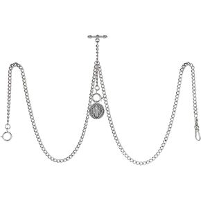 Men's Double Albert Chain Pocket Watch Curb Link Key Chain 3 Hooks with Antique St. Benedict Pendant Design Charm Fob T Bar