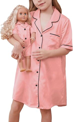 QPANCY Matching Girls & Doll Satin Nightgowns Short Sleeve Button Down Nightshirt Pajama Silk Night Dresses Loungewear in Saudi Arabia