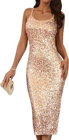 GRACE KARIN Womens Sequin Sparkly Dresses Formal Spaghetti Strap Midi Bodycon Dress Glitter Backless Wedding Cami Dress Slit in Saudi Arabia