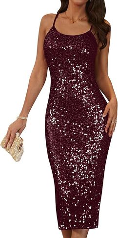 GRACE KARIN Womens Sequin Sparkly Dresses Formal Spaghetti Strap Midi Bodycon Dress Glitter Backless Wedding Cami Dress Slit in Kuwait