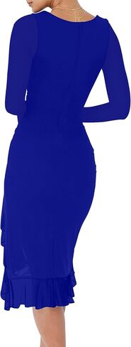 BORIFLORS Women's Sexy Ruched Bodycon Midi Dresses Elegant Mesh Long Sleeve Square Neck Ruffle Hem Cocktail Party Dress in Kuwait