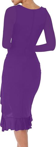 BORIFLORS Women's Sexy Ruched Bodycon Midi Dresses Elegant Mesh Long Sleeve Square Neck Ruffle Hem Cocktail Party Dress in Kuwait
