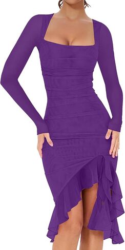 BORIFLORS Women's Sexy Ruched Bodycon Midi Dresses Elegant Mesh Long Sleeve Square Neck Ruffle Hem Cocktail Party Dress in Kuwait